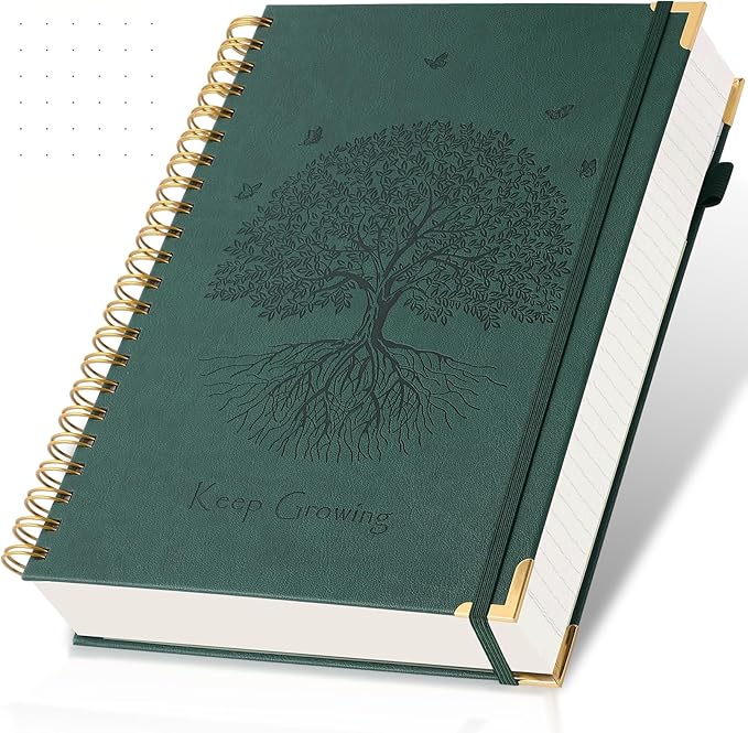 Spiral Notebook Bullet Dotted Journal, 300 Pages Thick No Bleed Paper Hardcover Journaling Notebooks, Leather Dot Grid Notebook for Planning, Lay Flat Large Notebook for Women Men, A5 Notebook, Green