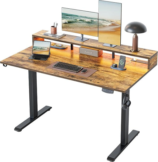 Klicelor Electric Standing Desk with Shelf, 55 Inch Height Adjustable Desk with Power Outlets & LED, Sit Stand Up Table with Monitor Stand, Computer Workstation for Home Office, Rustic Brown