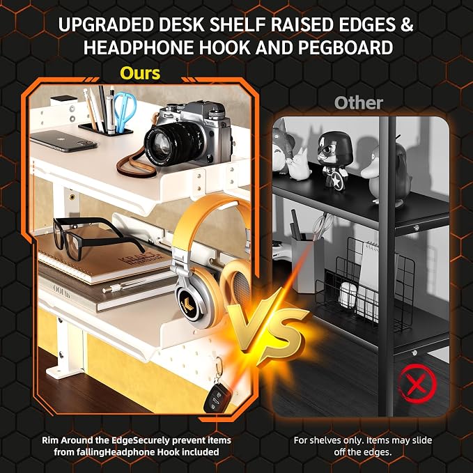 Metal Clamp On Desk Shelf,Storage Shelves with Pegboard and Pencil Holder | 2-Tier Adjustable 16 inch Above or Under Heavy Duty Desktop Organizer with Headphone Holder for Desk Accessories (White)