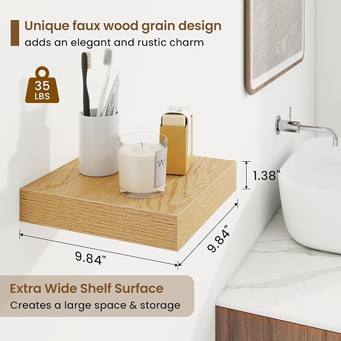 Marsmiles Square Floating Shelves for Wall, 10" W x 10" D x 1.25" H, 3 Packs Small Wall Mounted Engineered Wood Shelves with Invisible Brackets for Living Room, Bedroom, Bathroom, Kitchen Decor, Oak