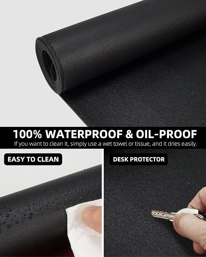 Large Leather Desk Mat 48"x23" - Double-Sided Office Desk Pad Protector | Spillproof & Non-Slip | Reversible Blotter for Keyboard, Mouse | Fits Desktop Mat Home Office Accessories (Black)