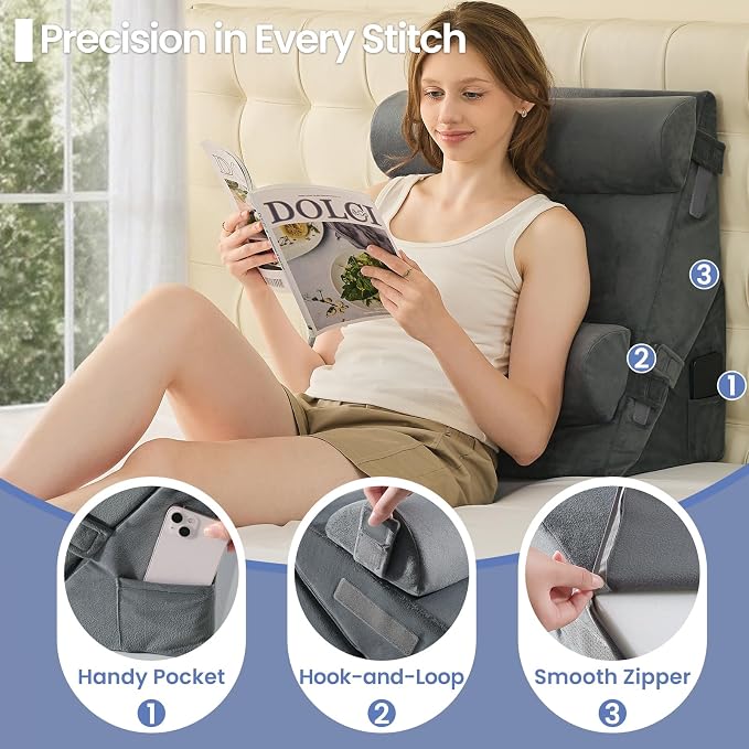 Sasttie Adjustable Wedge Pillow Set for After Surgery, Velvet - Dark Grey | 2PCS Bed Wedge Pillow Headboard with Memory Foam Neck Cushion, for Acid Reflux, Sleeping, Neck & Back Support