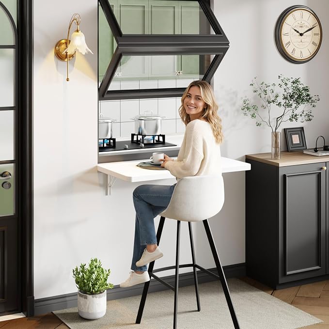 Dogsky Floating Wall Desk, 24" x 14" Wall Mounted Folding Table, Pine Wood Fold Down Wall Table, 100 lb Capacity Wall Mount Desk for Small Apartment, Laundry Room,Kitchen,Bar & Computer Use, White