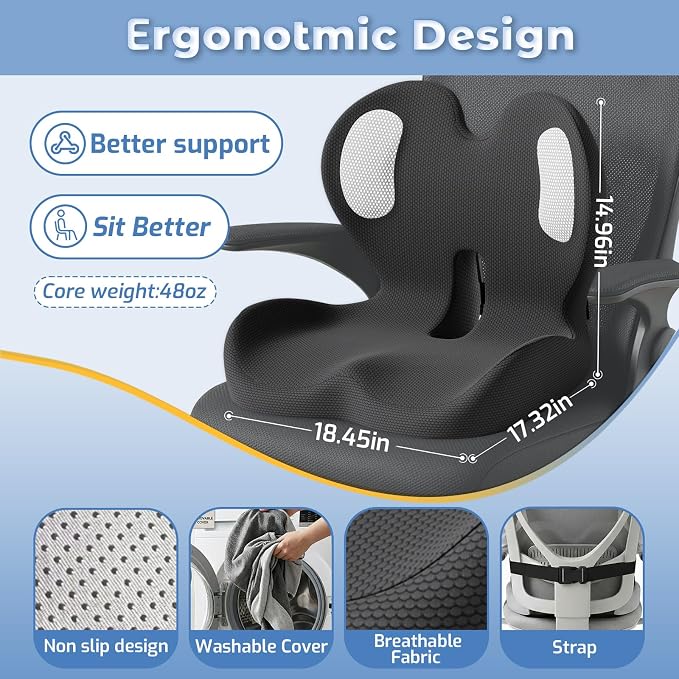 Seat Cushion,Memory Foam Chair Cushion for Office and Car,Ergonomic Coccyx Seat Cushion for Tailbone,Sciatic Nerve,Lower Back Pressure Relief,Lumbar Support Pilow for Office,Car,Truck,Desk Chair