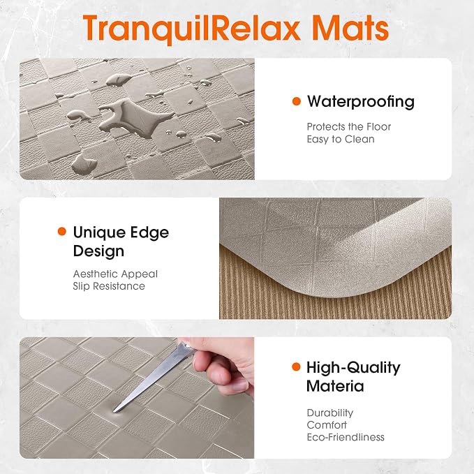 TranquilRelax 4/5 Inch Thick 2-Piece Anti-Fatigue Kitchen Mats, Cushioned Non-Slip Waterproof Sink & Stove Floor Mats, Comfortable Standing Rug Set for Kitchen, Laundry & Entryway, Brown