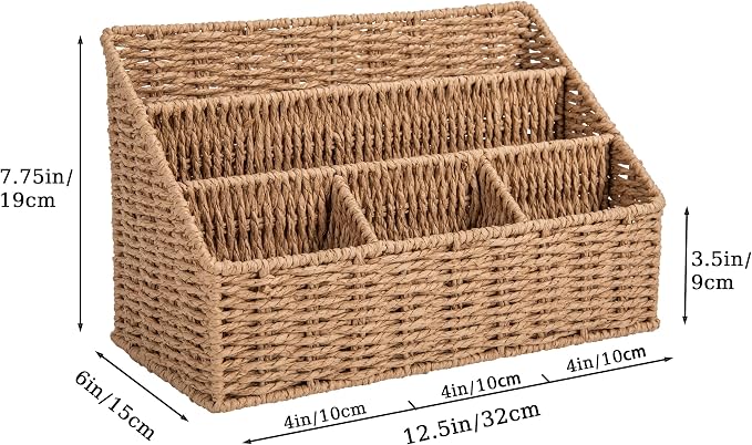 DINGTAI Rattan Desk Organizer, Tabletop Mail Holder, 5 Slot Mail Organizer Countertop Basket, Rattan Office Supplies, Boho Office Desk Accessories, Wicker Desk Organizer, Magazine Holder（Wicker）