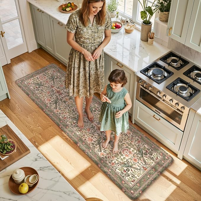 KIMODE Kitchen Mats Anti Fatigue,Cushioned Kitchen Rugs Runner | Olive Green,Boho Floral Bird Kitchen Rugs Non Slip ,Wide Long Memory Foam Kitchen Floor Mat for Laundry Sink Office Home