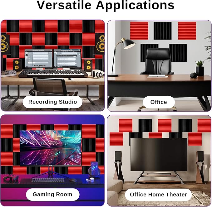 52 Pack Acoustic Foam Panels,1" x 12" x 12" Acoustic Wedge Studio Foam Sound Absorption Wall Panels (BLACK/RED)