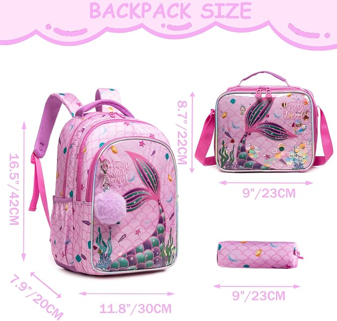 Mermaid Backpack for Girls Backpacks for School Girls 6-12 Travel Backpack for Kids with Lunch Bag Pencil Case Kids Backpacks for Elementary Primary Students