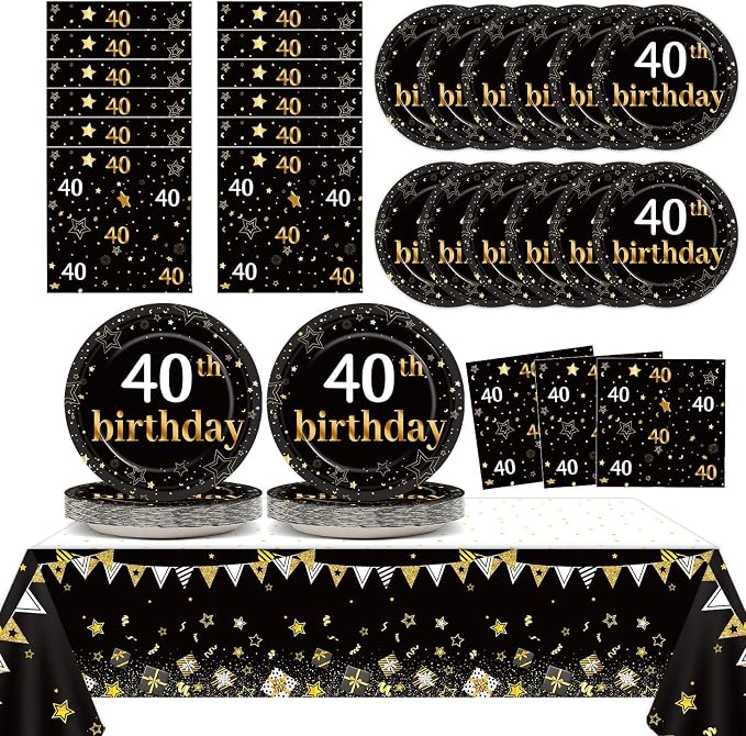 40th Birthday Party Supplies Serves 24 Black and Gold 40 Years Old Birthday Party Decorations Paper Plates Napkins Cheers to 40 Years Tablecloth Set Vintage 1986 Tableware Kit Favors for Men or Women