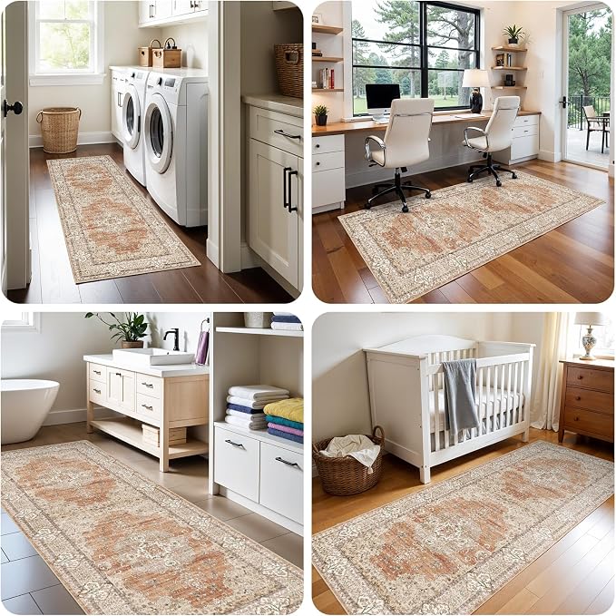 2x5 Runner Rug for Hallway Washable: Non Slip Kitchen Rugs with Rubber Backing Soft Waterproof Mats Stain Resistant Indoor Vintage Carpet Runner for Bedroom Bathroom Laundry Entryway Brick/Terracotta