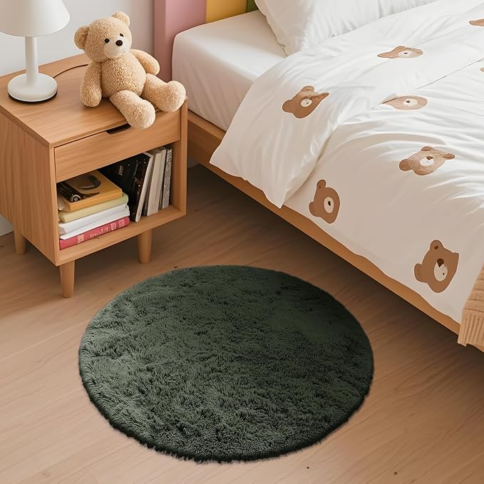 OLANLY Olive Green Round Rugs for Bedroom - Machine Washable, 2 ft Circle Area Rugs for Living Room, Soft and Fluffy Shaggy Carpet for Teen Girl and Boys, Nursery Rooms, Dorms, Home Decor Aesthetic