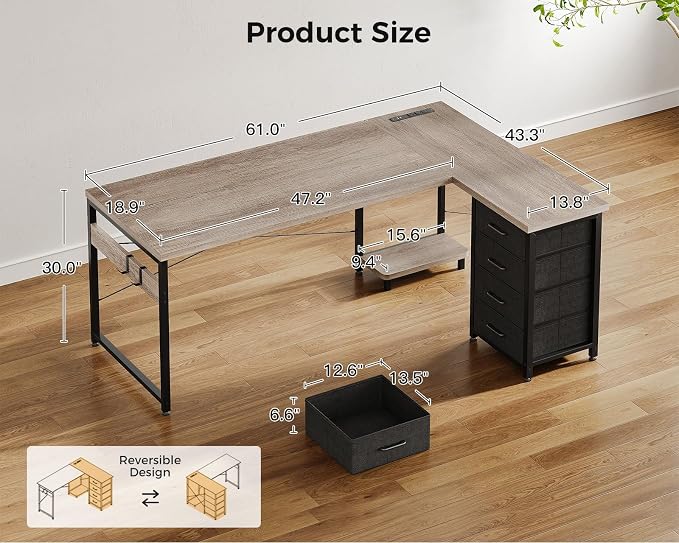 AODK 61" L Shaped Gaming Desk with 4 Drawers and Power Outlets, Grey | USB Ports, PC Tower Stand, Hooks, Reversible Corner Layout for Gaming Rooms, Bedrooms and Home Office