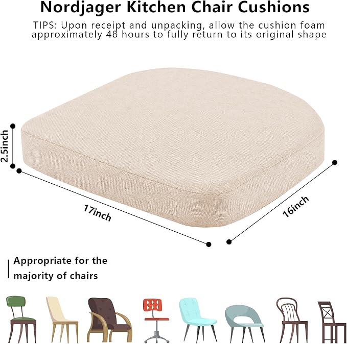 Nordjager Chair Cushions for Dining Chairs, 6 Pack Memory Foam Cushion | 2.5" Thick Chair Cushion; Waterproo Surface with 17" x 16" Size for Kitchen & Dining Chairs, Secure Ties and Washable Cover.