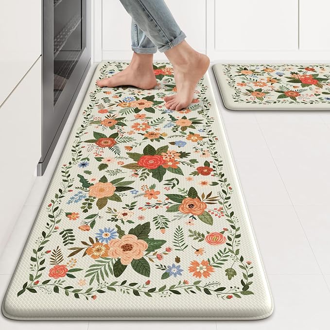 KIMODE Kitchen Mats for Floor Anti Fatigue, White Floral Rugs for Decor | Carpet for Kitchen Floor,Padded Kitchen Floor Mats,Cushioned Kitchen Mats for Floor 2 Piece for Laundry Sink 17"x47"+17"x29"