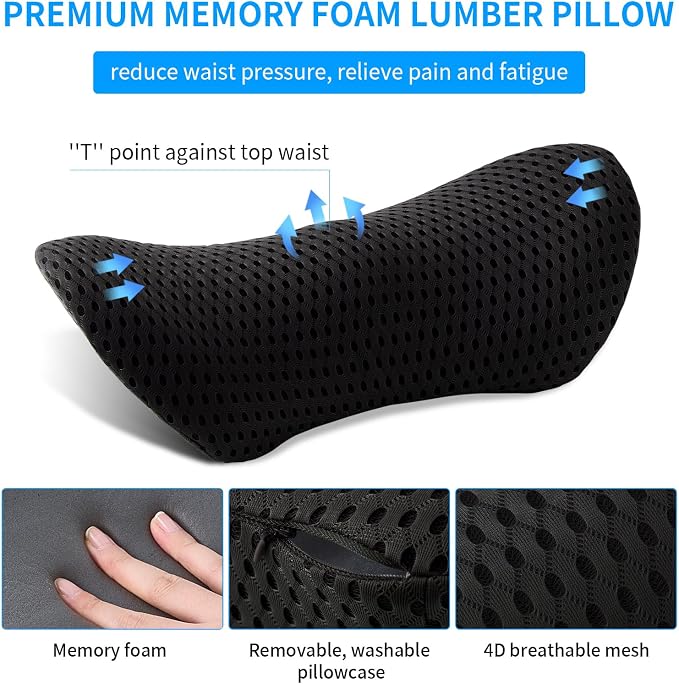 Lumbar Pillow, Memory Foam Lumbar Support Pillow for Office Chair and Car Seat, Back Support Pillow for Lower Back Pain Relief, Support Cushion Back Pillow for Sleeping, Resting, Driving, Traveling