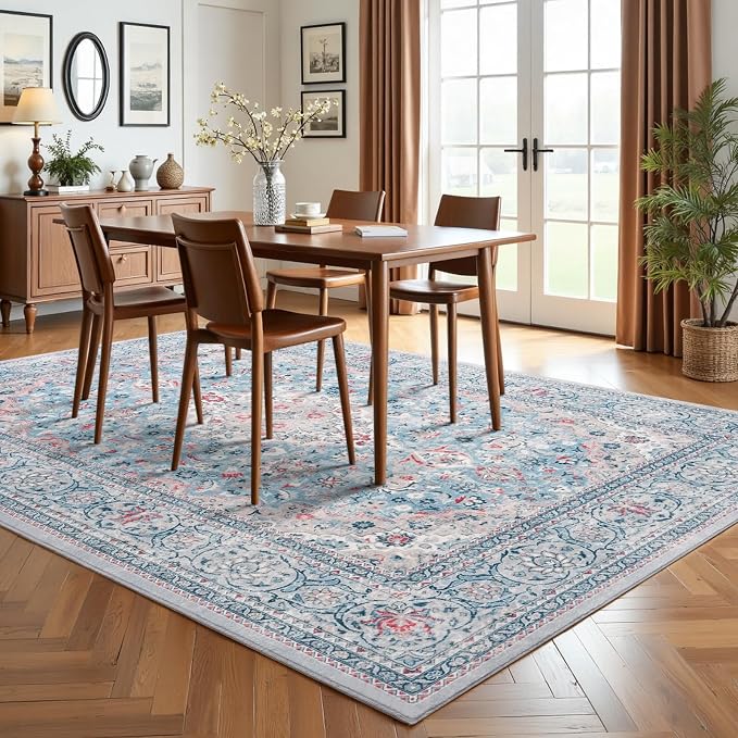Blue Washable Boho Area Rug, 6x9 Vintage Floral Non Slip Rugs for Living Room Bedroom, Soft Low Pile Indoor Mat, Aesthetic Pattern Carpet for Kitchen and Dining Room