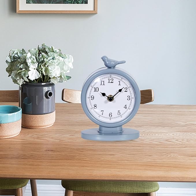 Classic Vintage Analog Mantel Desk Clock, Bright Blue | With Light, Silent Sweep Movement, Decorative Metal, For Living Room Shelf Bedside Home Decor