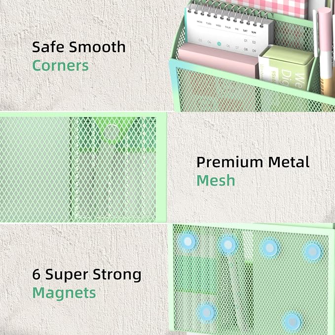 DALTACK Magnetic Pencil Holder - 3-Grid Mesh Shelf for Whiteboard, Refrigerator & Locker - Organizer for Home, School & Office, Mint Green
