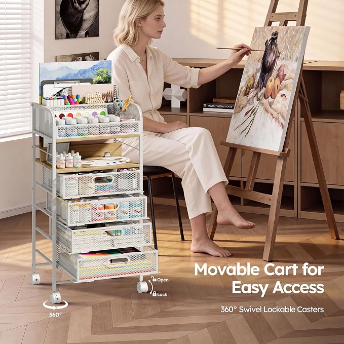 Rolling Art Cart with 4 Drawers, Maple | Art Supplies Organizer, 5-Tier Storage, Adjustable Dividers, Anti-Pull Mesh Drawers, Metal Frame, 4 Casters with 2 Locks