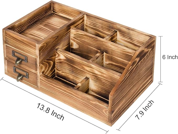 Liry Products Rustic Wooden Desktop Organizer Office Supplies Brown Tabletop Storage Cabinet Stepped Rack Multiple Compartments 2 Tier Drawers Makeup Accessory Jewelry Sorter Display Box Home Office