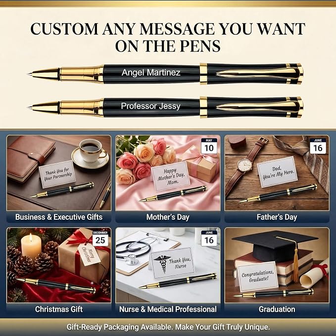 Yastar Customised Pens with a Custom badge - Souvenir Gift Set with Gift box 2 extra Black Refills Engrave any Message on the Pen Gift for Christmas Father's day Graduation Wedding Gifts