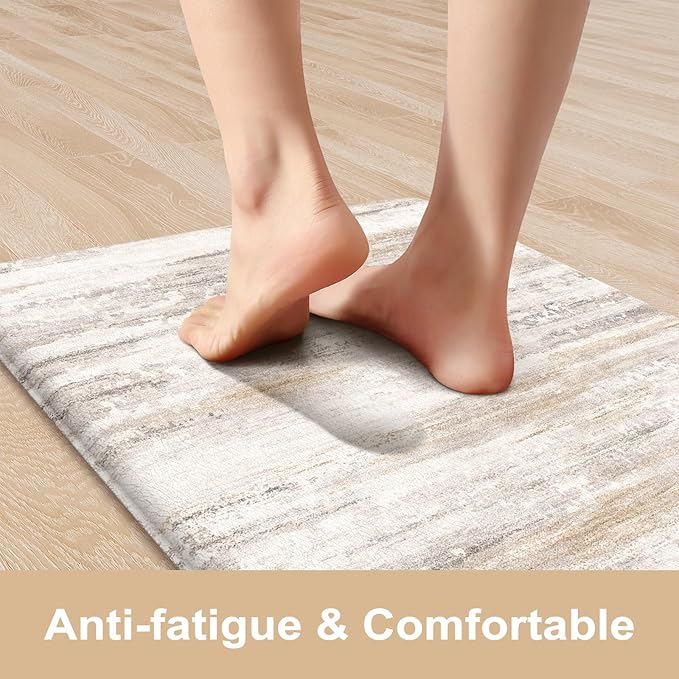 KIMODE Anti Fatigue Kitchen Mats for Floor 2 Piece, Cushioned Abstract Kitchen Rugs,Memory Foam Kitchen Floor Mats, Standing Desk Mats for Laundry, Office, Sink Light Brown Multi 17"x47"+17"x29"