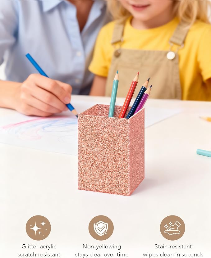 Acrylic Pen Holder Desk Organizer for Office, Light Pink Glitter | Sparkling glitter acrylic makeup brush and pencil holder for desk, Modern desktop organizer for home, school and office