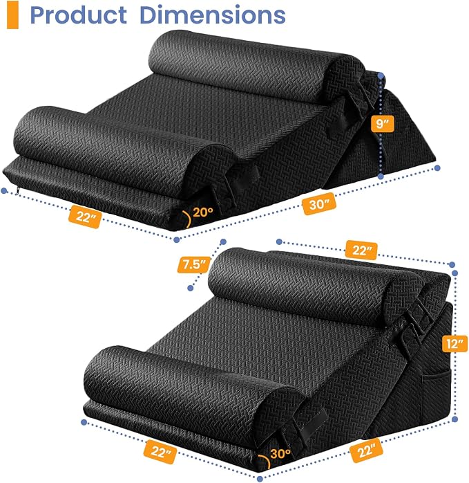 Sasttie Adjustable Wedge Pillow Set for After Surgery, Black | 2PCS Bed Wedge Pillow Headboard with Memory Foam Neck Cushion, for Acid Reflux, Sleeping, Neck & Back Support
