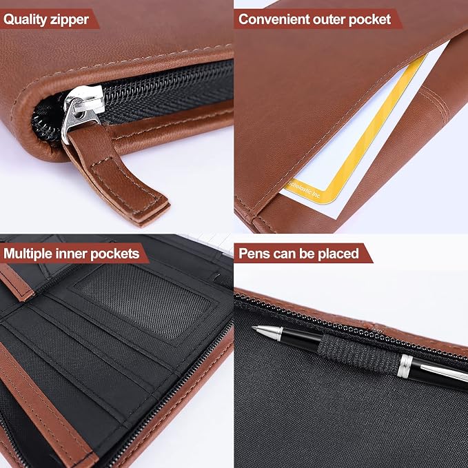 Padfolio/Portfolio, Leather Zippered Padfolio Portfolio Binder 5 x 8 Legal Writing Pad, Professional Business Portfolio for Men & Women, Card Holder, Notepad Clipboard Holder (Brown-9.5 * 6.5)
