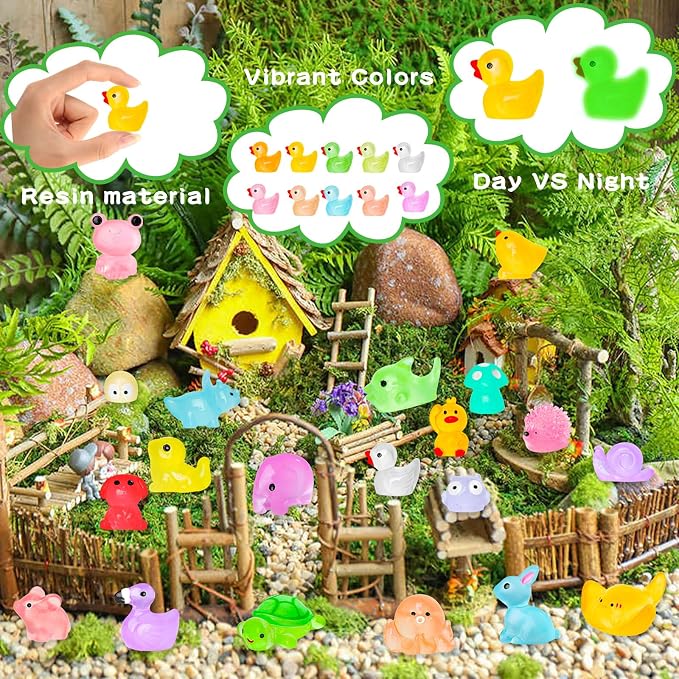 120PCS Luminous Mini Resin Animals 20 Types to Hide Miniature Resin Animals Figures Glow in the Dark Tiny Ducks Owls Frogs Bulk for Micro Landscape Dollhouse Aquarium Potted Fairy Garden DIY Decor