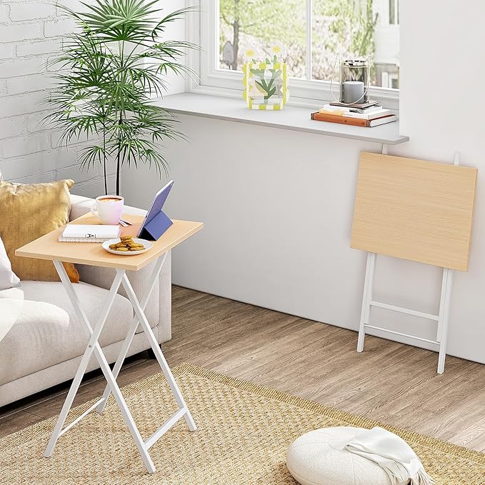HOOBRO Folding TV Tray Tables, Set of 2 Side Table for Small Space, Industrial Snack Tables for Eating at Couch, Stable Metal Frame, Easy Assembly, Space Saving, Natural and White WN25BZ01