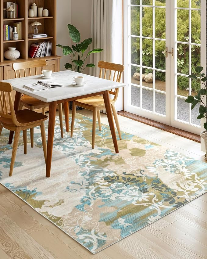 Macgace Washable Abstract Rug, 8x10 Willow Green and Blue Floral Area Rugs with Non-Slip Rubber Backed for Living Room, Low Pile Modern Throw Carpet Bedroom Dining Room Decor