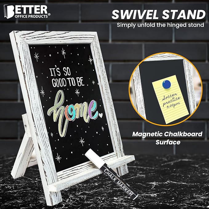Better Office Products Framed Tabletop Chalkboard Sign, 9.5" x 14", Rustic Wood Frame, Small Magnetic Chalkboard with Built-in Ledge and Folding Stand, One White Chalk Marker Included,(Whitewash)