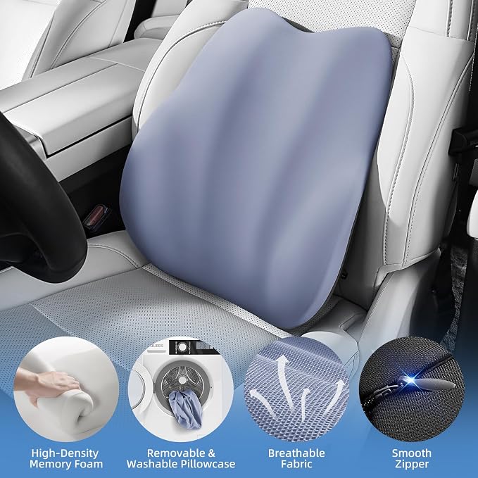 BEBAS Lumbar Support Pillow for Car, Memory Foam Back Cushion for Driving, Ergonomic Lumbar Pillow for Pain Relief, Comfort Lower Back Support for Office Chairs, Car Seat, Wheelchair -Blue