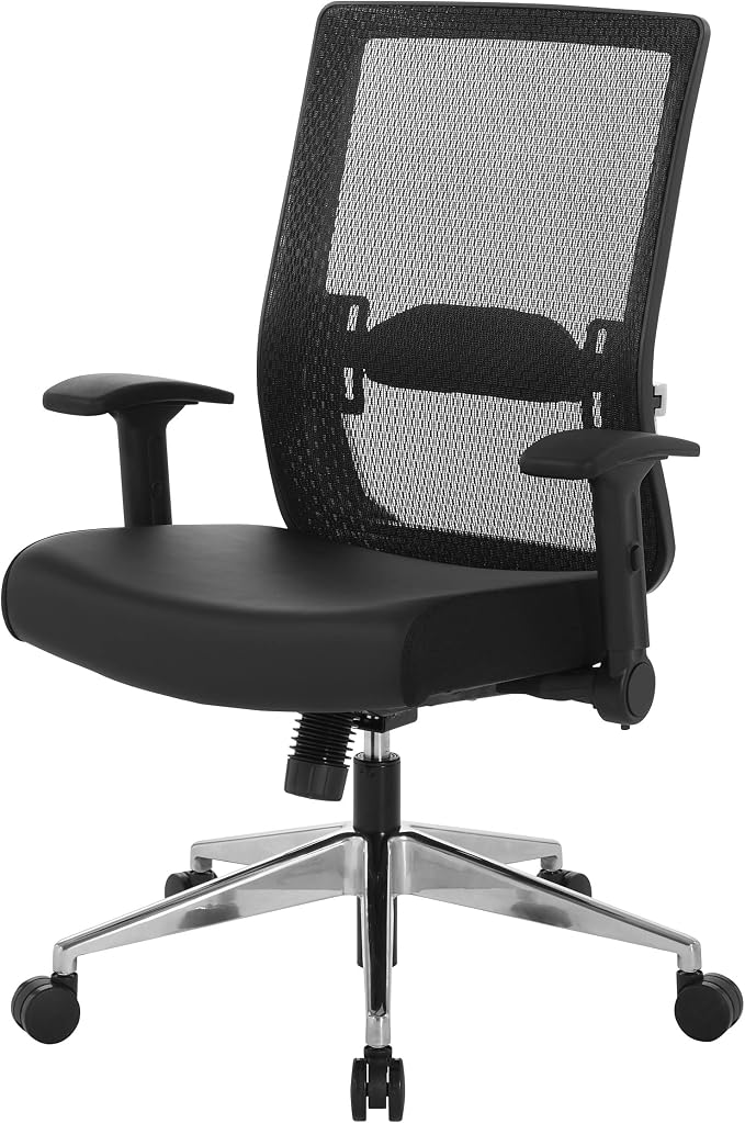 Space Seating 867A Series Adjustable Manager's Office Chair with Breathable Matrix Back and Padded Flip Arms, Black Bonded Leather