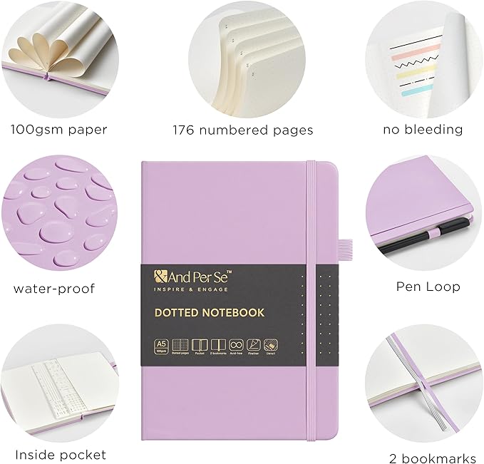 &And Per Se A5 Hardcover Dotted Notebook Kit for Beginners – 176 Numbered Pages, 100gsm Thick Paper, Includes Stencils & Fineliner Pen | Leather Bullet Journal with Templates, Lay Flat Design, Premium Gift for Women Men (Lavender)