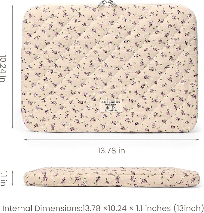 Puffy Laptop Sleeve Case Cute Computer Bag Flower Printed Quilted Laptop Carrying Cases Floral Pattern Protective Cover