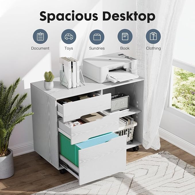 DUMOS File Cabinet with 3 Drawers, Wood Under Desk Storage Printer Stand | Rolling Lateral Filing Cabinet with Adjustable Shelves for Home Office Study Organizatiom, Classic White