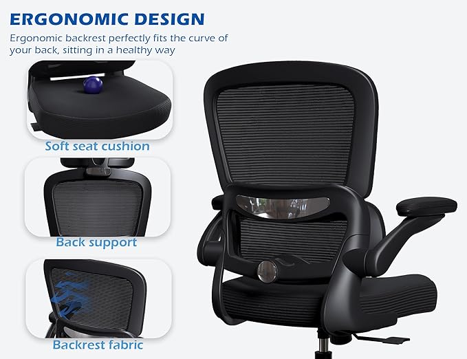 TRALT Ergonomic Office Chair - Desk Chair with Adjustable Headrest Lumbar Support Computer Chair - Mesh Comfy Chair with Flip-up Armrests - Gaming Chair for Adults Home Office PU, Black, Pack of 6