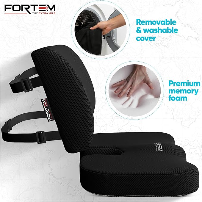 FORTEM Seat Cushion, Office Chair Cushion, Lumbar Support Pillow for Office Chair, Memory Foam Car Seat Cushions, Sciatica Coccyx Tailbone Pain Relief, Cushions for Back Support, Washable, Non Slip
