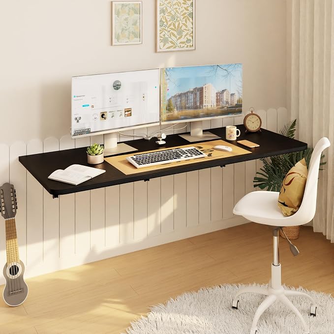 IAE Wall Mounted Floating Foldable Desk, 48" x 22" Folding Computer Workstation Table with Engineered Wood and Metal Shelf Brackets,Fold&Floating Design for Home Office, Apartment,Laundry Room,Black