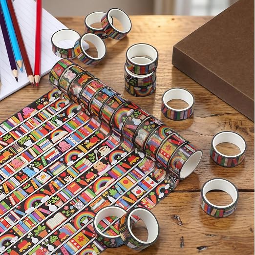 24 Rolls Book Washi Tapes Back to School Washi Tape Masking Tape Set Gifts for Students Book Rainbow Masking Tapes for Classroom Crafts, Journaling Supplies, Scrapbooking, Gift Wrapping