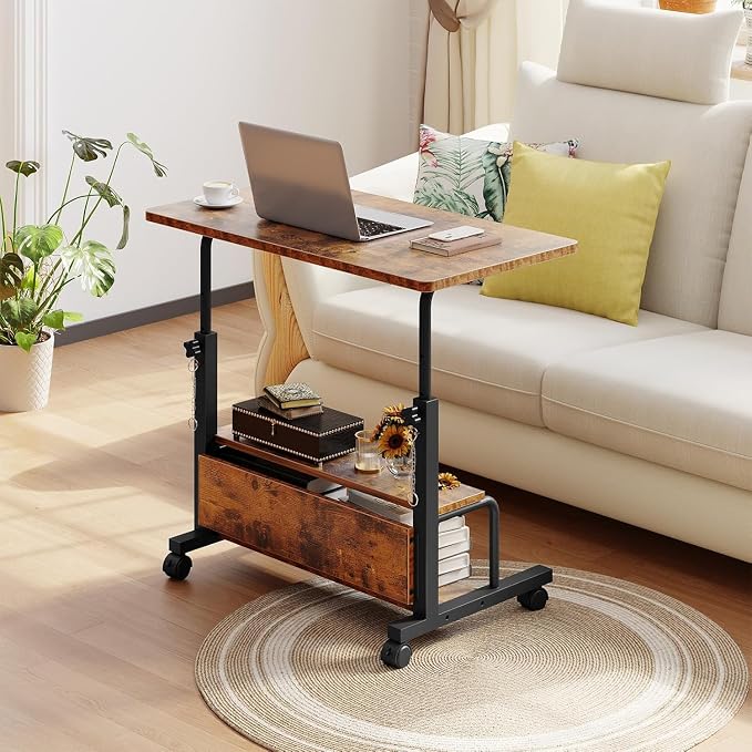 Simple Deluxe 31.5" Manual Standing Desk, Height Adjustable Mobile Computer Desk with Lockable Wheels & 2-Tier Storage, Rolling Laptop Table for Small Spaces & Home Office, Brown