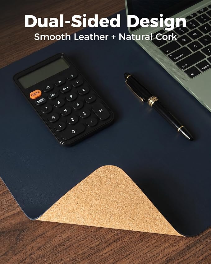 Aothia Dual-Sided Desk Mat, FSC Cork & PU Leather Desk Pad, Large Mouse Pad & Writing Surface for Full Desk Coverage, Non-Slip Waterproof Desk Protector - 47" x 23.6", Dark Blue