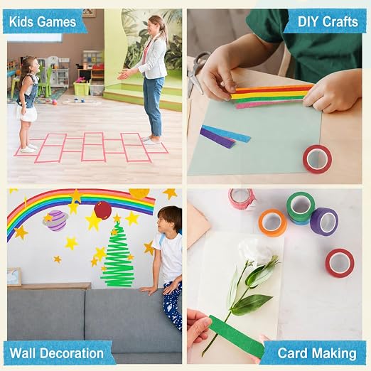 Colored Masking Tape 1 Inch, Colored Tape Rolls, Painters Tape for Kids, Colorful Tape for Crafts, Writable & Removable, 7 Colors in Clear Hanging Case.
