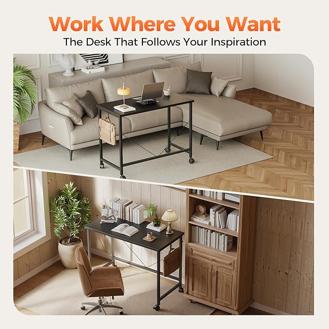 Mericonia 48 inch Rolling Computer Desk with Wheels, Gaming Desk for Small Spaces, Modern Simple Style Table for Home Office, Study Writing Table