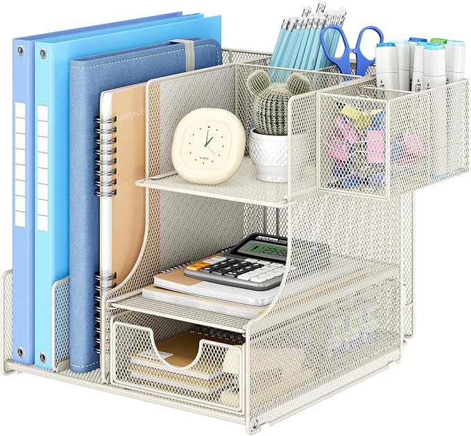 Lavatino Desk Organizer – 4-in-1 White Mesh Office Supplies Organizer with Pen Holder, File Holder, Desktop Tray, and Drawer for Home, Office, Classroom
