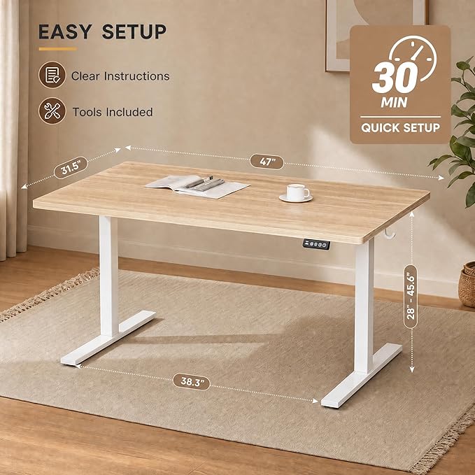 Grandder 47x32 Large Electric Standing Desk, Height Adjustable Computer Desk with 2 Memory Presets, 31.5" Deep Desktop Sit Stand Desk Home Office Desk Workstation Table with Hooks, Light Walnut