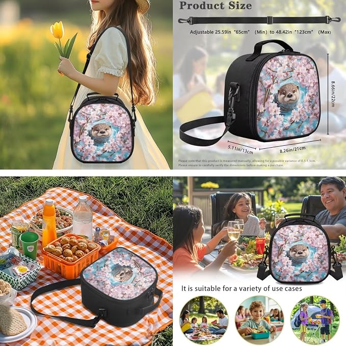 Ystardream Cherry Blossom Otter Elementary Backpack for Girls with Lunch Box Pencil Case Water Bottle Sleeve Waterproof School Bookbag with Big Front Pocket for Teens Kids Back to School Gift Bookbag
